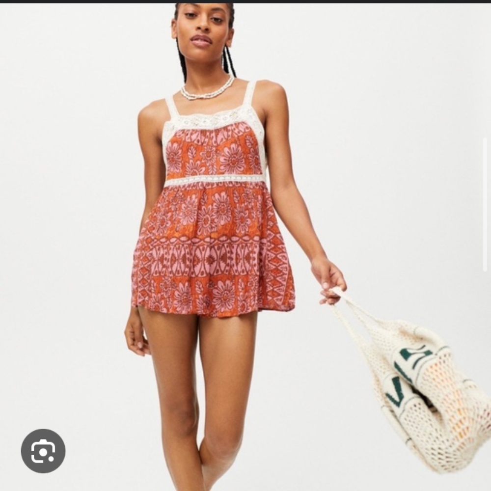 Uo Boho Gypsy Lace Trim Romper Dress Embroidered Over… Gem